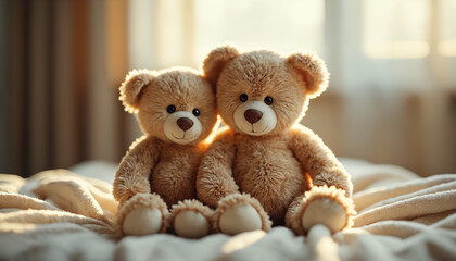Obraz premium Pair of teddy bears, one larger and one smaller, sitting closely on soft blanket, cozy and loving atmosphere, symbolizing mother and child’s embrace
