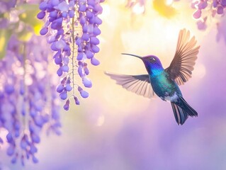 Obraz premium iridescent sunbird gracefully suspended mid-air near blooming purple wisteria cascade, golden hour sunlight filtering through delicate petals, bokeh background