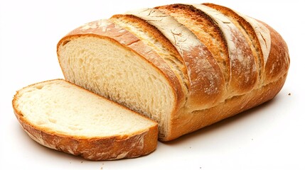 Naklejka premium Freshly Sliced Loaf of Artisan White Bread on White Background