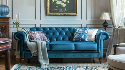 Comfortable blue sofa in cozy living room with elegant classic interior.