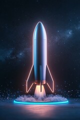 Fototapeta premium A sleek rocket with a vibrant neon blue and silver glow is poised for launch. Surrounded by swirling clouds, it stands against a dark, starry backdrop, creating a striking visual effect