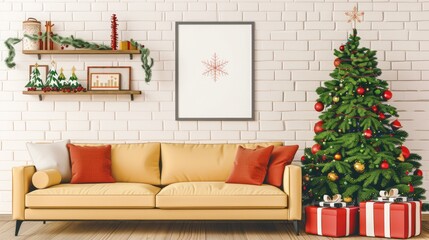 Comfortable Christmas living room decor with sofa, shelf, poster frame, tree, decorations, gifts. Family time setting.