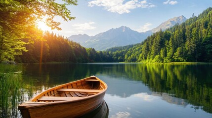 Obraz premium A serene lake scene with a wooden boat, surrounded by lush forests and majestic mountains, under a bright sky at sunset.