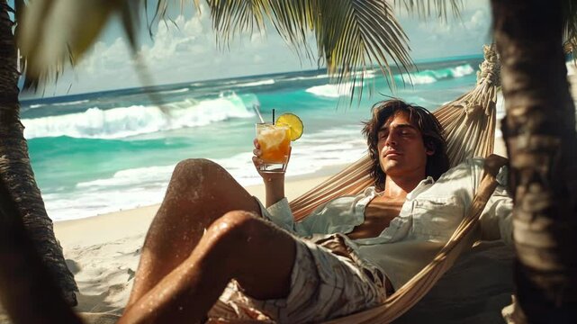 A young man relaxing in a hammock under palm trees, sipping a tropical cocktail with an ocean view in paradise