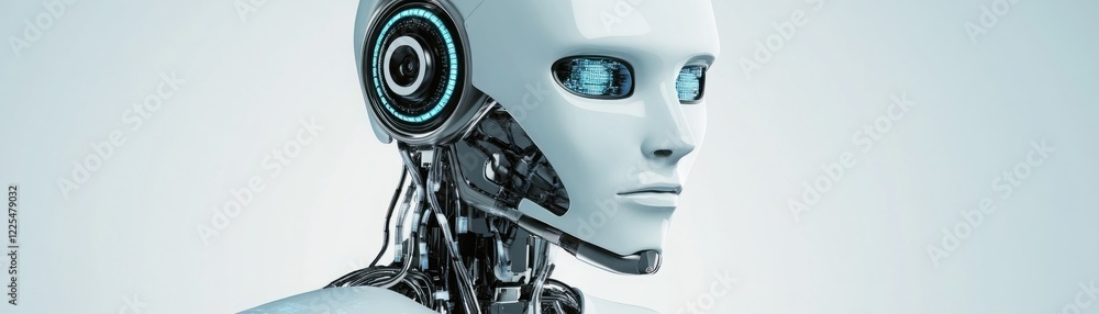Poster futuristic humanoid robot with metallic features showcasing advanced technology in a modern digital 