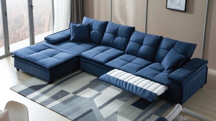 Contemporary navy blue sectional sofa with pull-out bed and under-seat storage