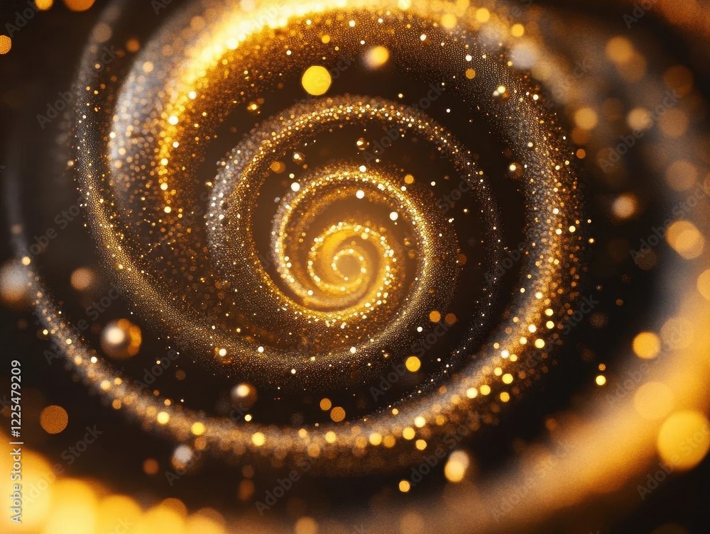 Poster magical golden particles dancing in soft focus, creating a luxurious spiral pattern with warm champa