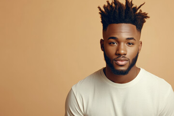 Fototapeta premium Portrait of a handsome Black man in a white t-shirt, exuding confidence and modern style, ideal for lifestyle, fashion, and personal branding purposes