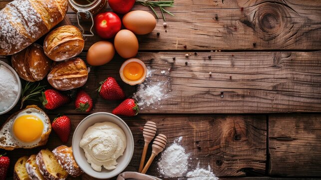 Cooking breakfast food or bakery with ingredients on a wooden background for healthy eating displays.
