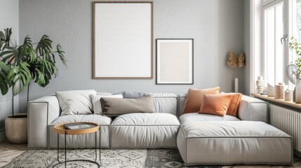 Cozy living room with mock-up poster frame and corner sofa in Scandinavian style