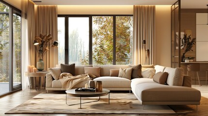 Fototapeta premium Cozy home interior with beige sofa and coffee table on warm background