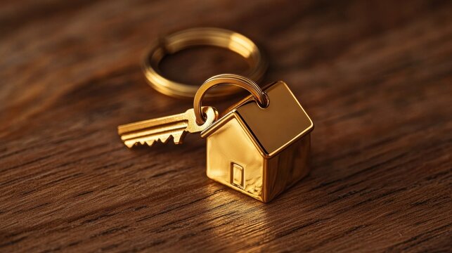 Golden house keychain on wooden surface