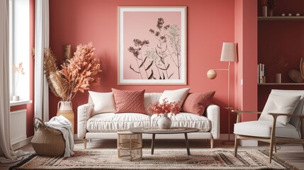 Cozy living room with mockup poster, modular sofa, coffee table, dried flowers, pillows, armchair, pink wall, and personal accessories.