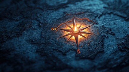 Illuminated compass on a vintage map background