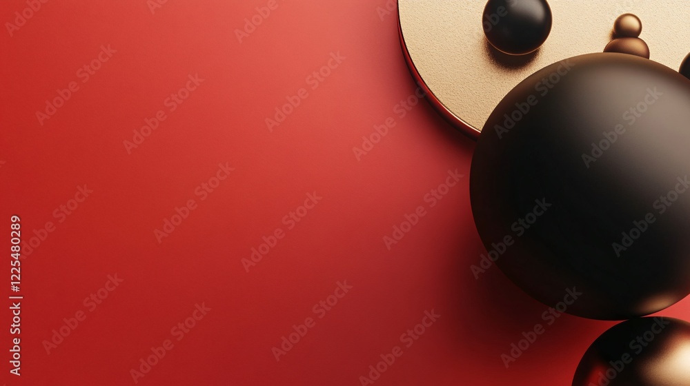 Poster Black and gold spheres creating abstract design on red background