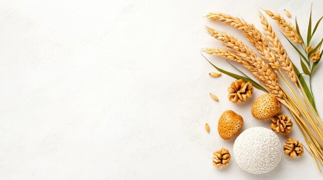 Wheat, nuts, and pastries on white background; food blog or recipe website