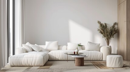 Designing a modern living space with white modular sofa, decorative items, and personal touches. Home decoration template.