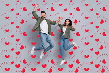 Full length photo of guy lady delighted bargain jump up raise fists scream yes isolated grey color...