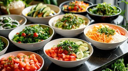 Display of assorted food-filled bowls.