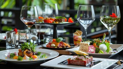 Fototapeta premium Display of assorted food plates and drinks glasses.