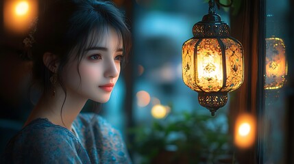 Young Woman Gazing Near a Luminous Lantern