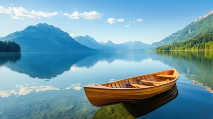 A serene wooden boat floating on a crystal-clear lake, surrounded by majestic mountains and a clear blue sky.