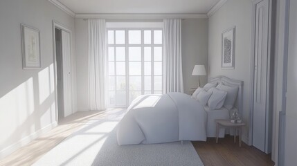 Fototapeta premium Serene Bedroom with White Bedding and Large Window