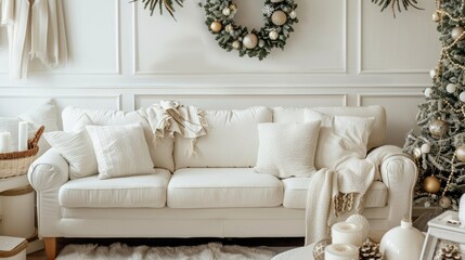 Elegant white couch adorned with festive decor.