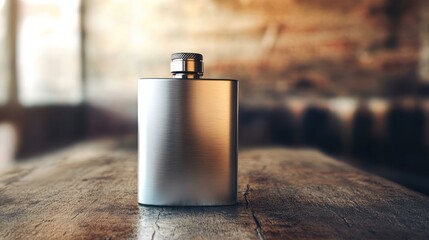 Silver Flask Rests on Rustic Wooden Surface
