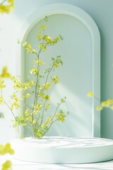Minimalist setup with a golden arch and round podium surrounded by fluffy yellow plants