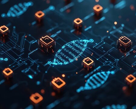 A secure biodata hub represented by holographic DNA strands and glowing lock symbols in a cloud network