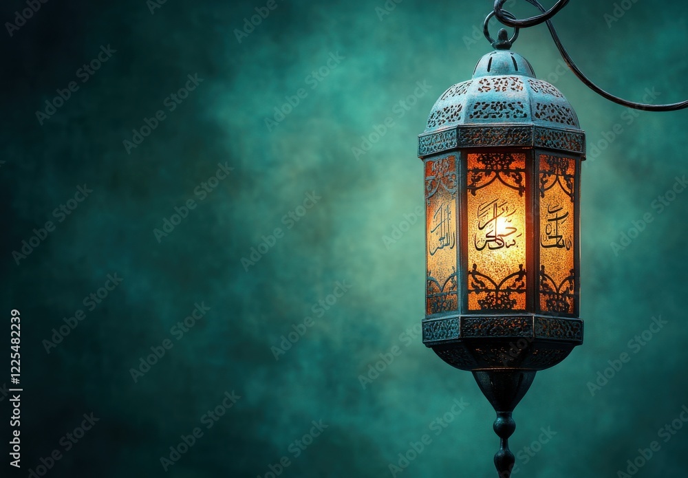 Poster decorative lantern with intricate patterns glowing in the dark