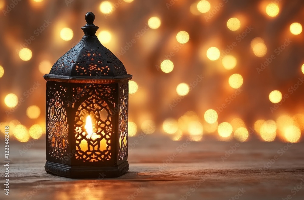 Poster decorative lantern with soft glow against blurred bokeh background