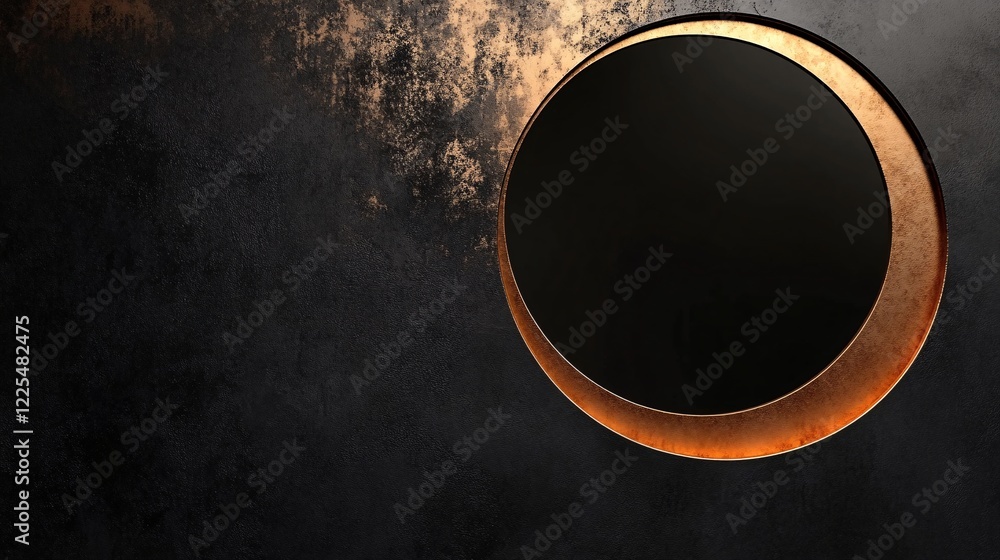 Poster black and copper circle showing a dark empty space on textured background