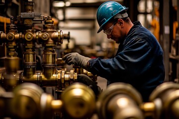 Skilled worker adjusting machinery in an industrial setting during the afternoon