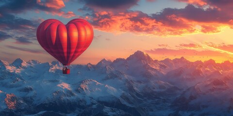Fototapeta premium A whimsical red heart balloon floating above snow-covered peaks, symbolizing love and adventure. Great for Valentine's Day cards, travel, and romance themes.