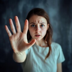 Distressed Young Woman  Expressing Fear with Defensive Stop Gesture