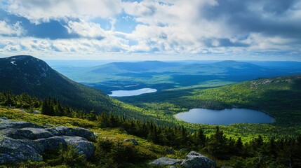 A breathtaking panoramic view of a majestic mountain range, featuring pristine lakes reflecting the peaks and surrounded by untouched wilderness, showcasing the beauty of nature.