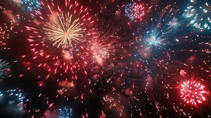 Fototapeta premium Fireworks illuminate the night sky in red, white, and blue for patriotic New Year's Eve or Independence Day celebration, with a shallow depth of field.