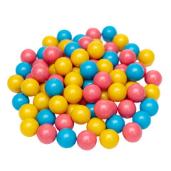 A Colorful Pile of Round Chewy Gumballs in Pink Blue and Yellow on a Black Background