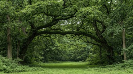 Fototapeta premium Lush green forest path under arching trees. Nature background for tranquility themes