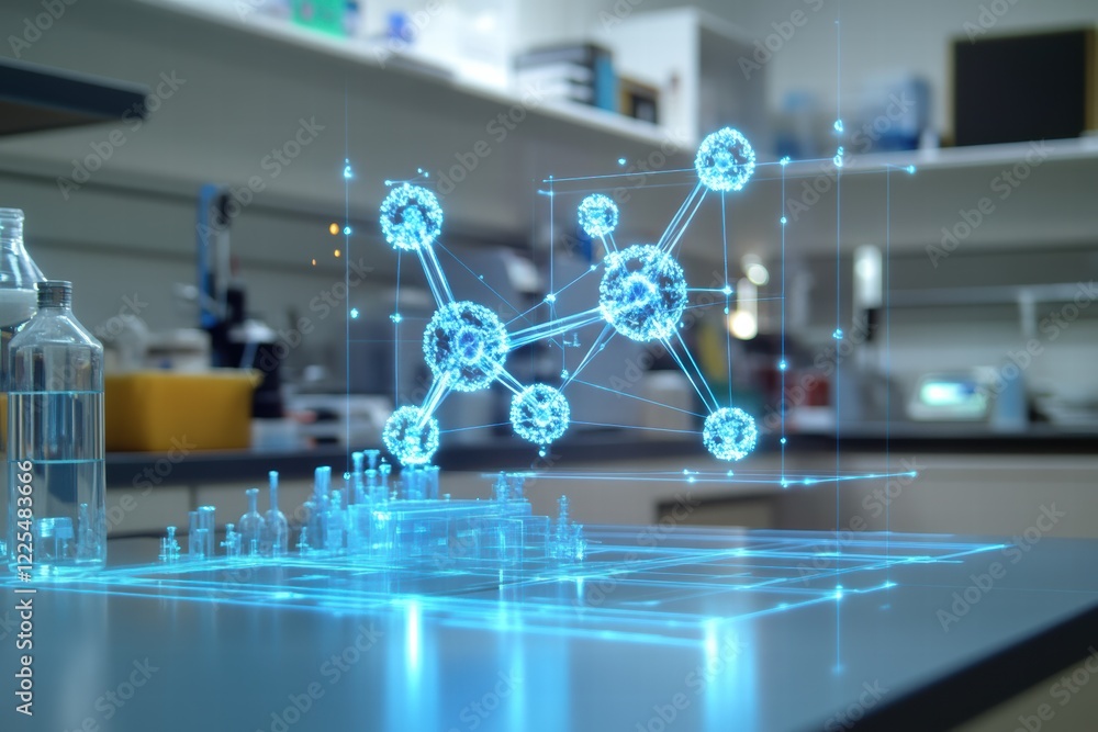 Poster holographic representation of a molecular structure displayed in a modern laboratory setting