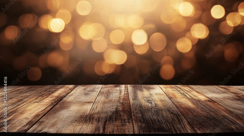 Aufkleber empty wooden table illuminating golden bokeh background for festive display