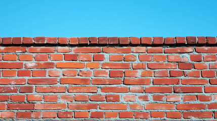Obraz premium Gros plan d’un mur en briques rouges avec mortier irrégulier et texture rugueuse sur fond de ciel bleu clair