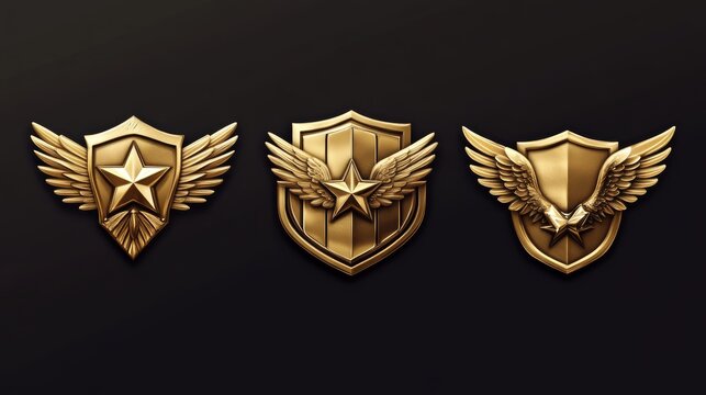 Set of golden game army badge isolated on background. Vector cartoon illustration of shiny military emblems decorated with stars, chevrons and wings. Winner rank medals. Symbol of achievement, award