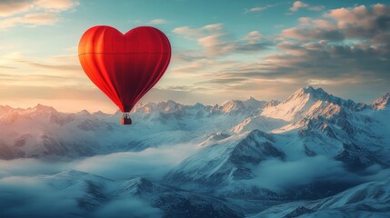 Fototapeta premium A whimsical red heart balloon floating above snow-covered peaks, symbolizing love and adventure. Great for Valentine's Day cards, travel, and romance themes.