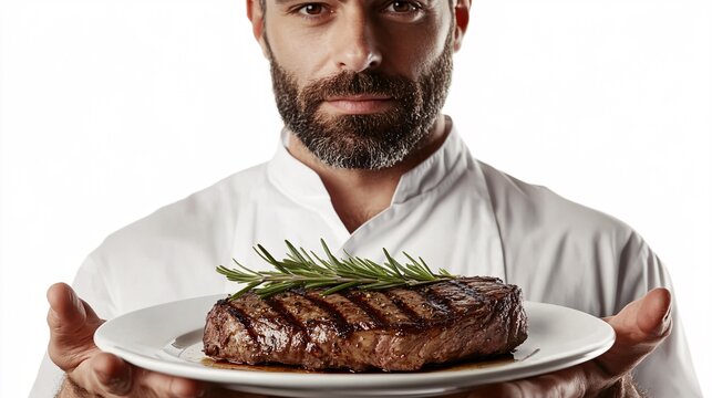 Professional chef presenting grilled steak with fresh rosemary garnish