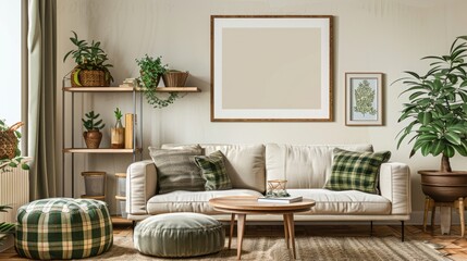 Inviting living room with beige sofa, wooden shelf, pouf, green plaid, coffee table, and boucle carpet. Beige wall with mock-up poster frame.