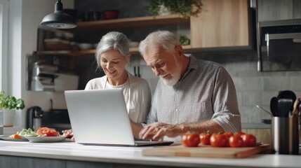 Senior couple using online recipe on laptop modern kitchen clean layout copy space