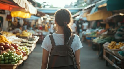 Woman exploring local market bright day clean background  copy space